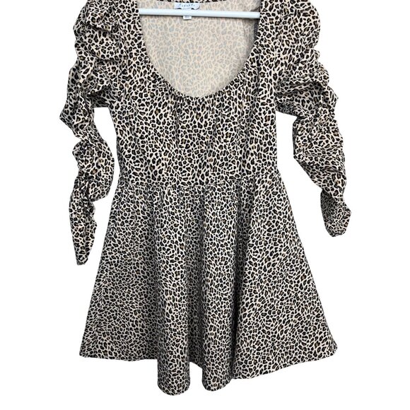 Topshop Leopard Print Puff Sleeve Fit & Flare Mini Dress Brown Tan Sz 6 - Picture 4 of 12